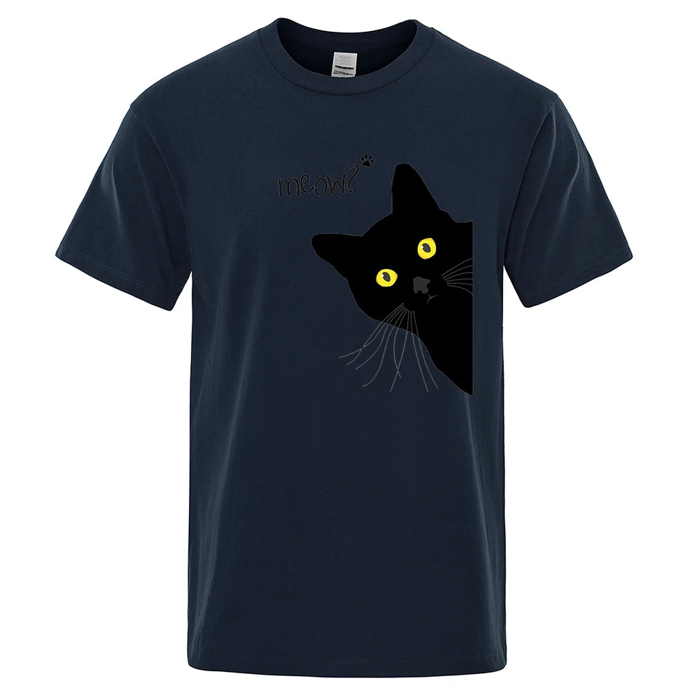Meow Black Cat Print T-Shirts