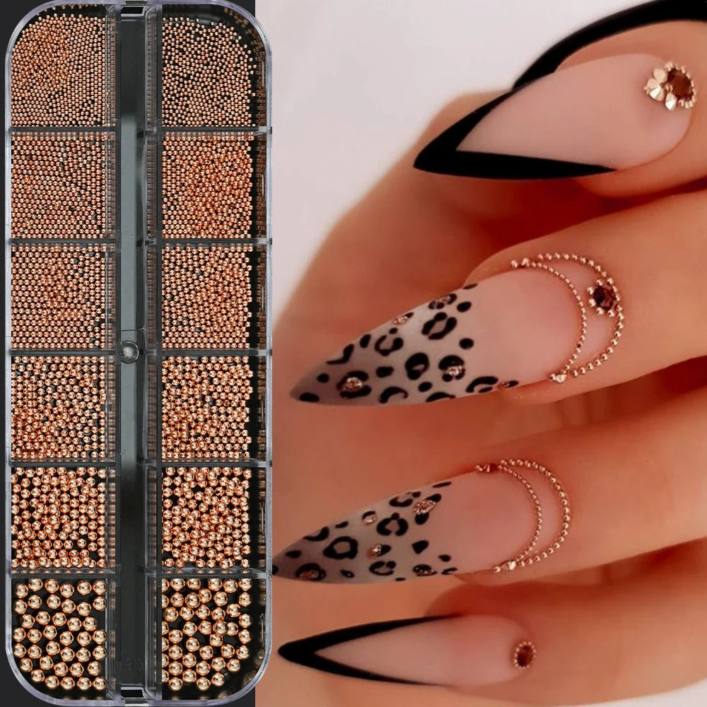 12-Grid Gold Caviar Beads Nail Charm Set