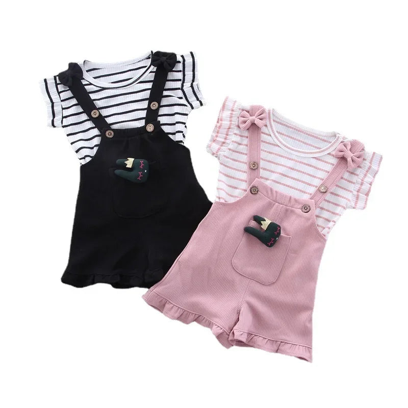 Cute Toddler Girl T-shirt and Suspender Shorts Outfit Set