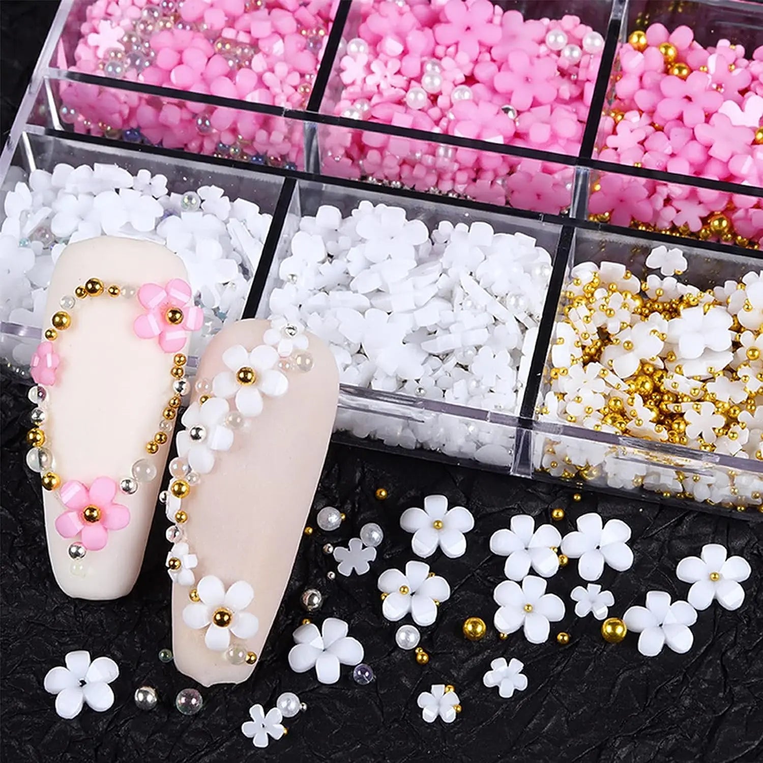 3D Pink and White Flower Nail Art Charms