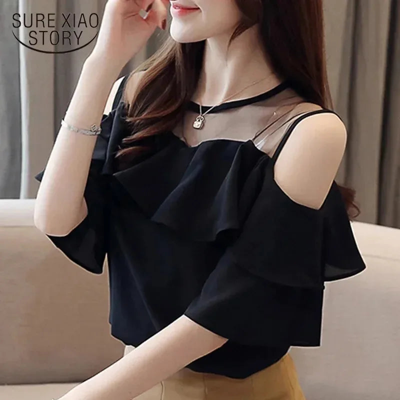 Elegant Mesh Chiffon Ruffle Blouse