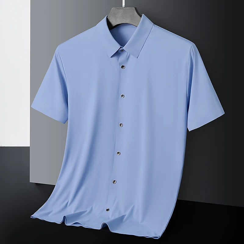 New High-quality Ice Silk Men's Business Casual Short Sleeved Shirt Summer Ultra-thin Breathable Outdoor Sports Solid Color Top