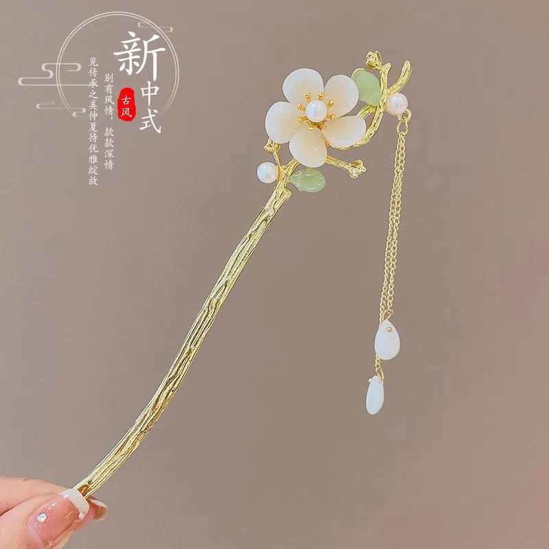 Elegant Chinese Enameled Flower Tassel Hairpin
