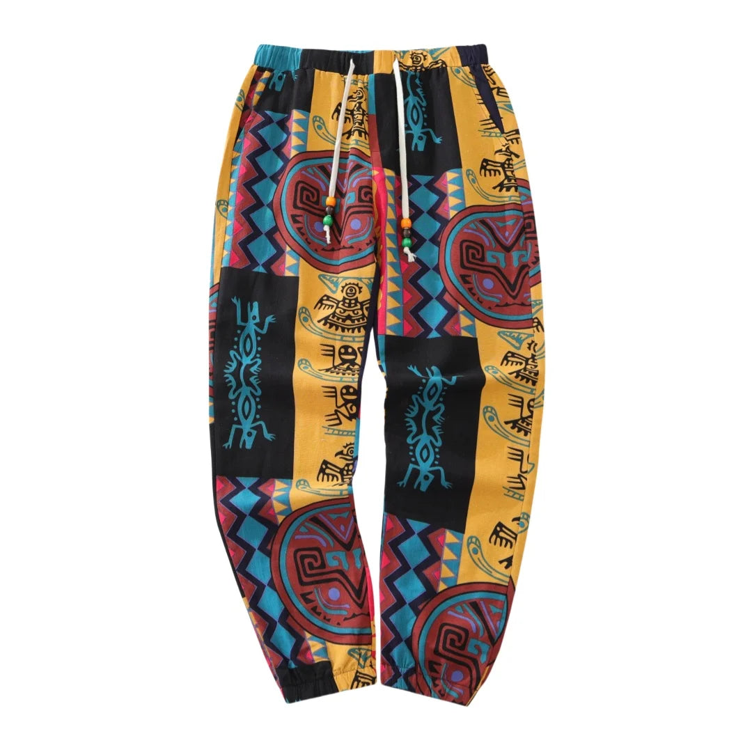 Boho Tribal Print Linen Jogger Pants