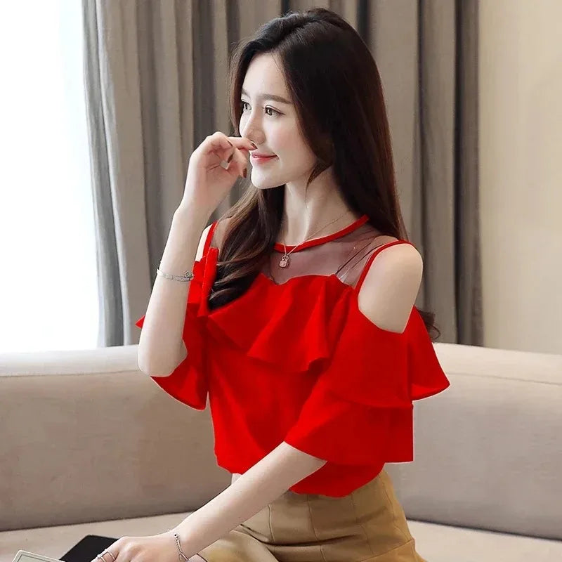 Elegant Mesh Chiffon Ruffle Blouse