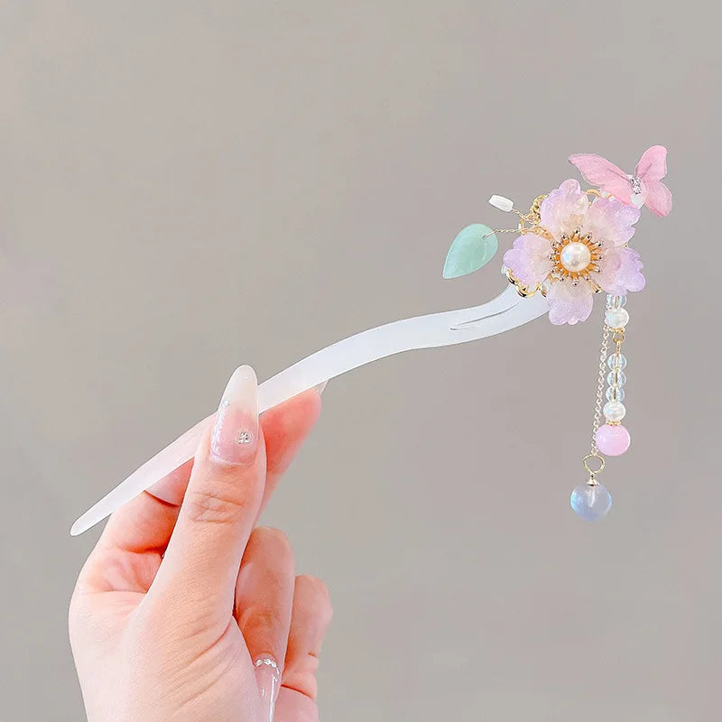 Elegant Chinese Enameled Flower Tassel Hairpin
