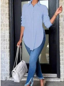 Plus Size Solid Long Sleeve Casual Loose Fit Shirt