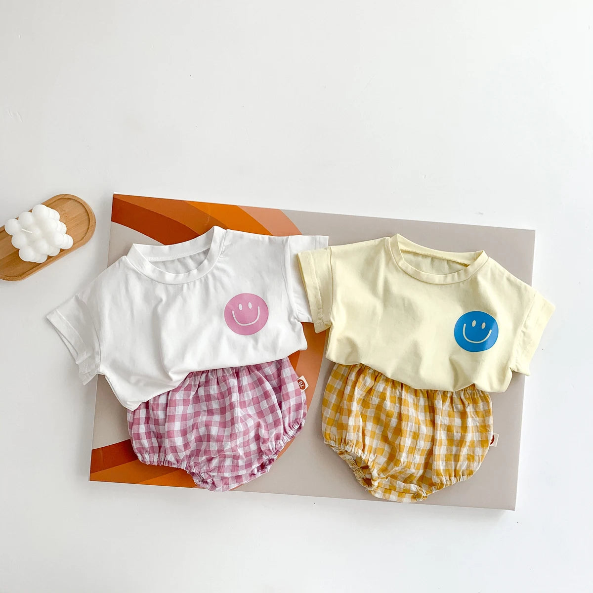 Summer Baby Smile T-Shirt and Plaid Shorts Outfit Set