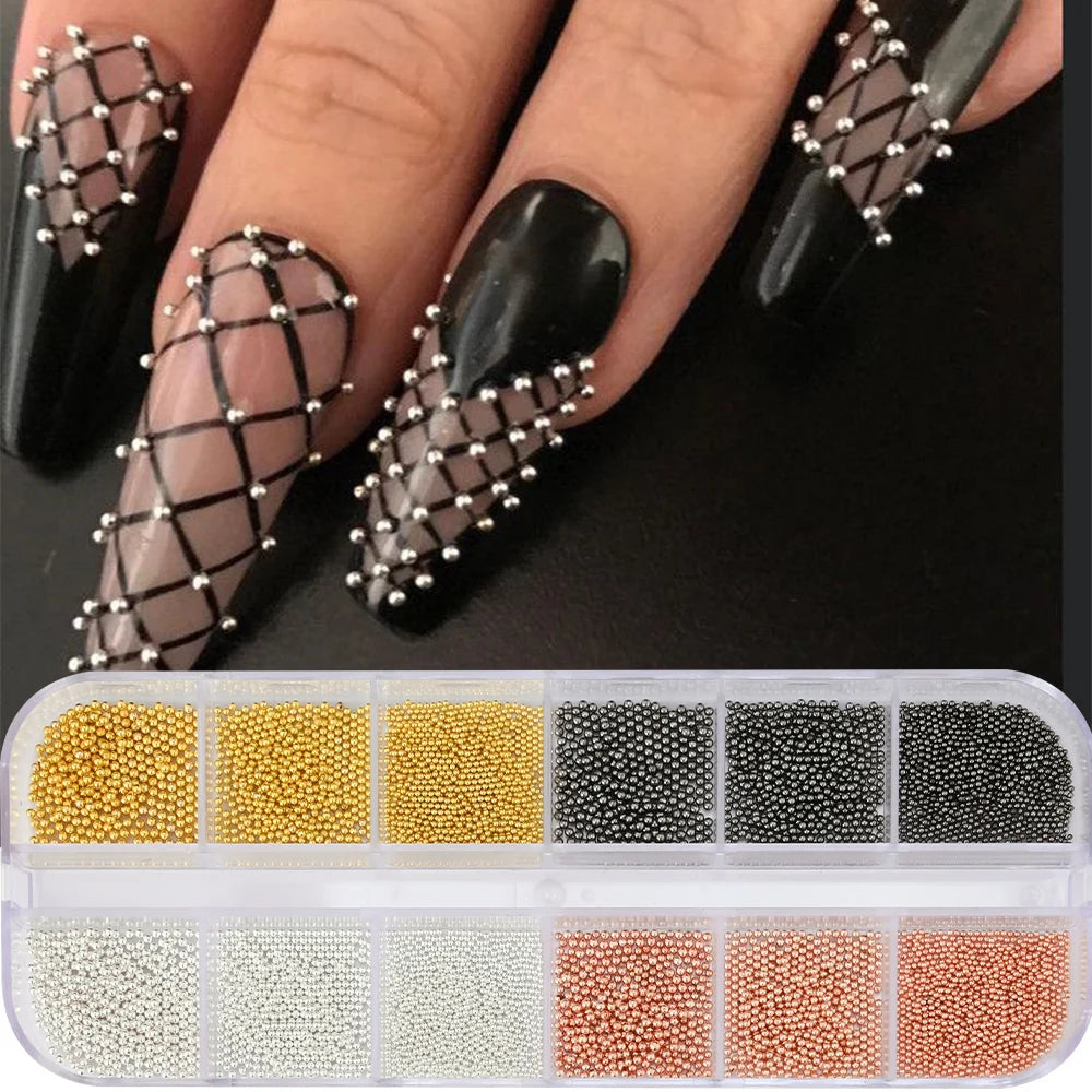 12-Grid Gold Caviar Beads Nail Charm Set