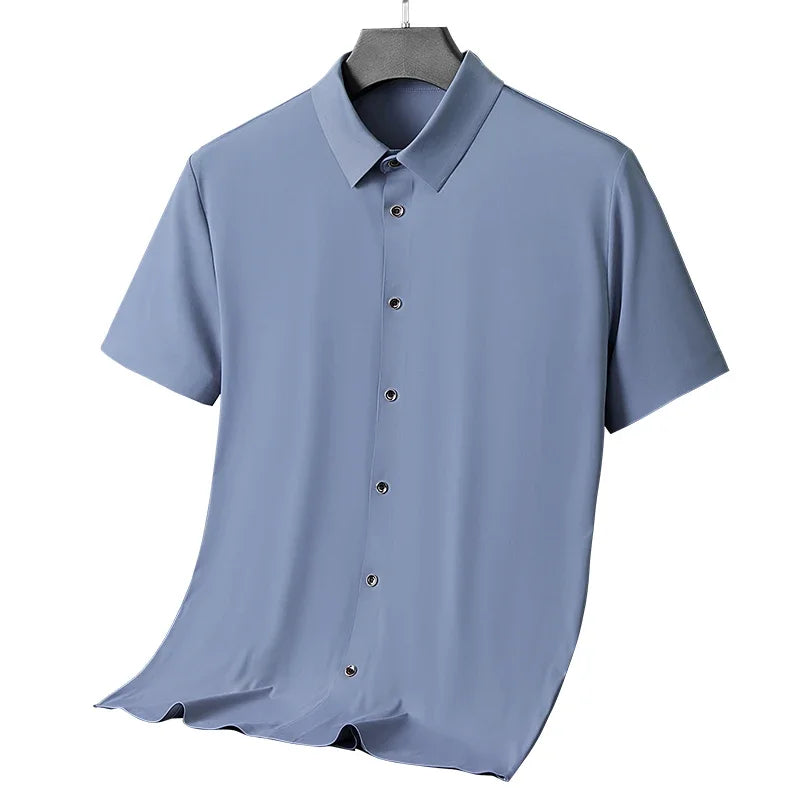 New High-quality Ice Silk Men's Business Casual Short Sleeved Shirt Summer Ultra-thin Breathable Outdoor Sports Solid Color Top