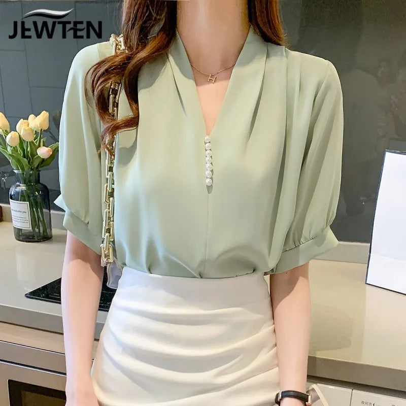 Summer V-Neck Puff Sleeve Blouse