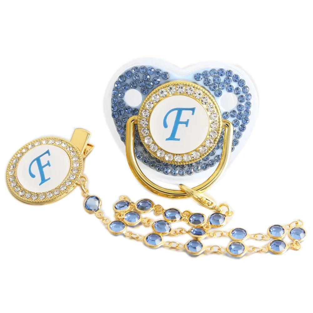 Blue Letter Pacifier with Beaded Gem Clip