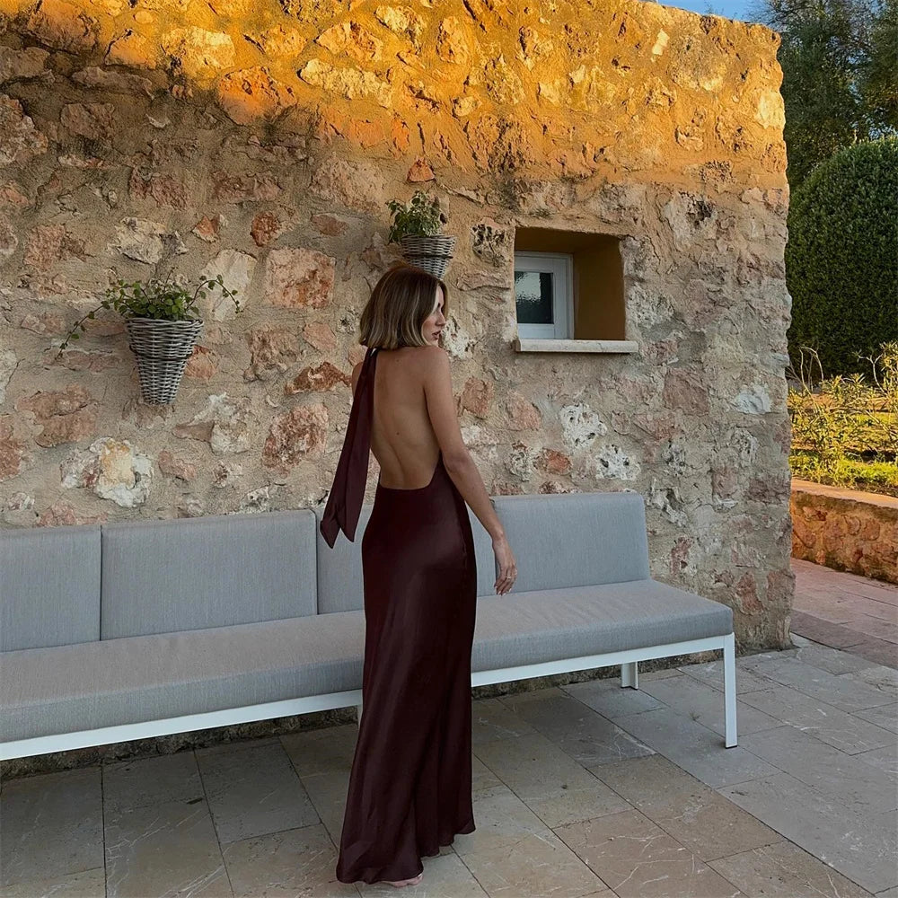 Elegant Backless Silk Satin Summer Dress