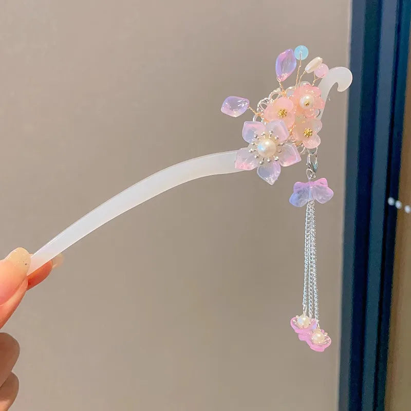 Elegant Chinese Enameled Flower Tassel Hairpin