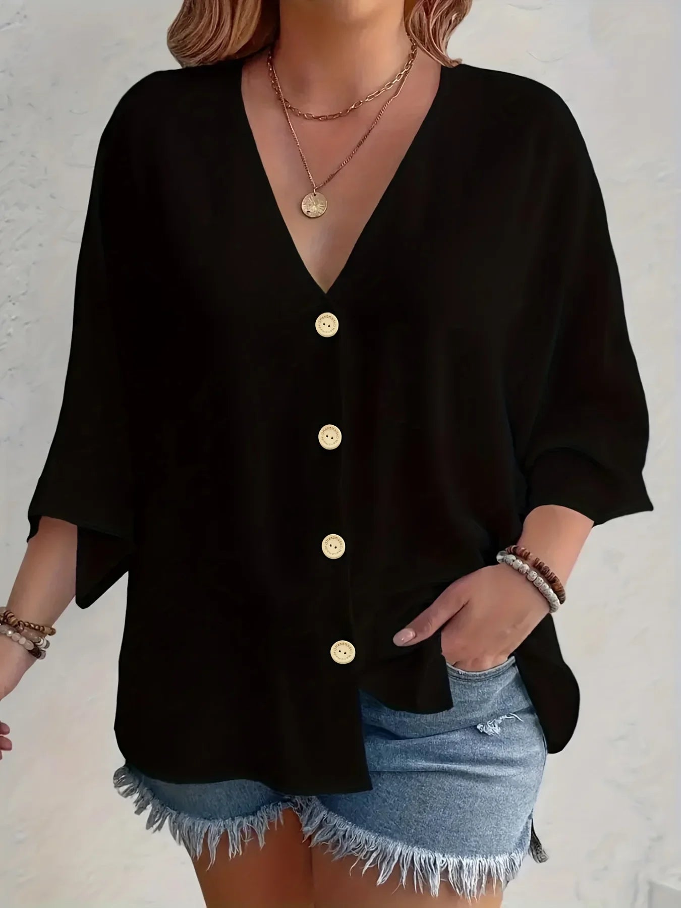 Plus-Size V-Neck Button T-Shirt