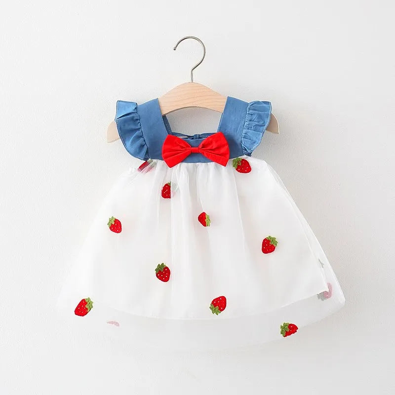 Girls' Summer Princess Dress: Bow Embroidery Mesh Denim Dress