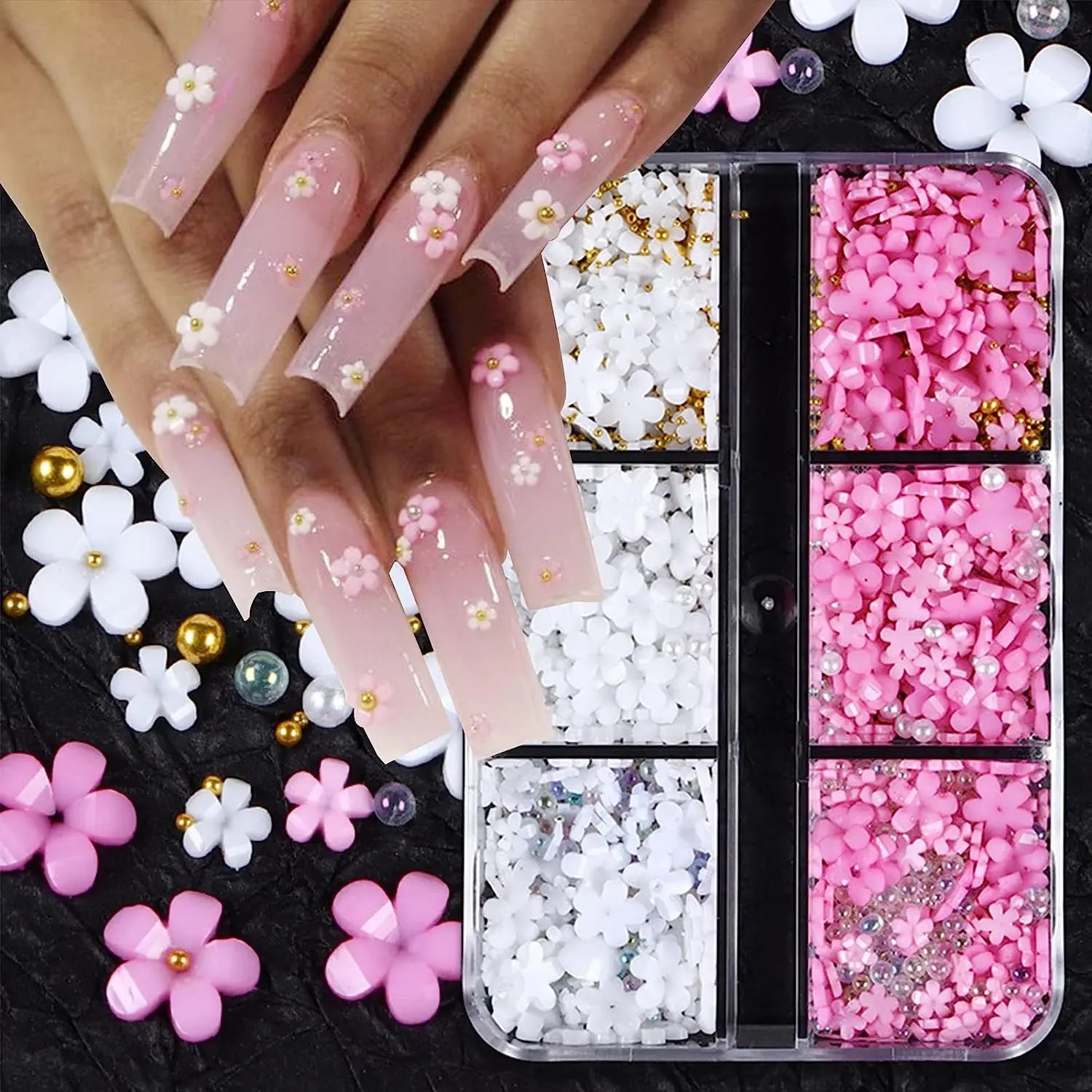 3D Pink and White Flower Nail Art Charms