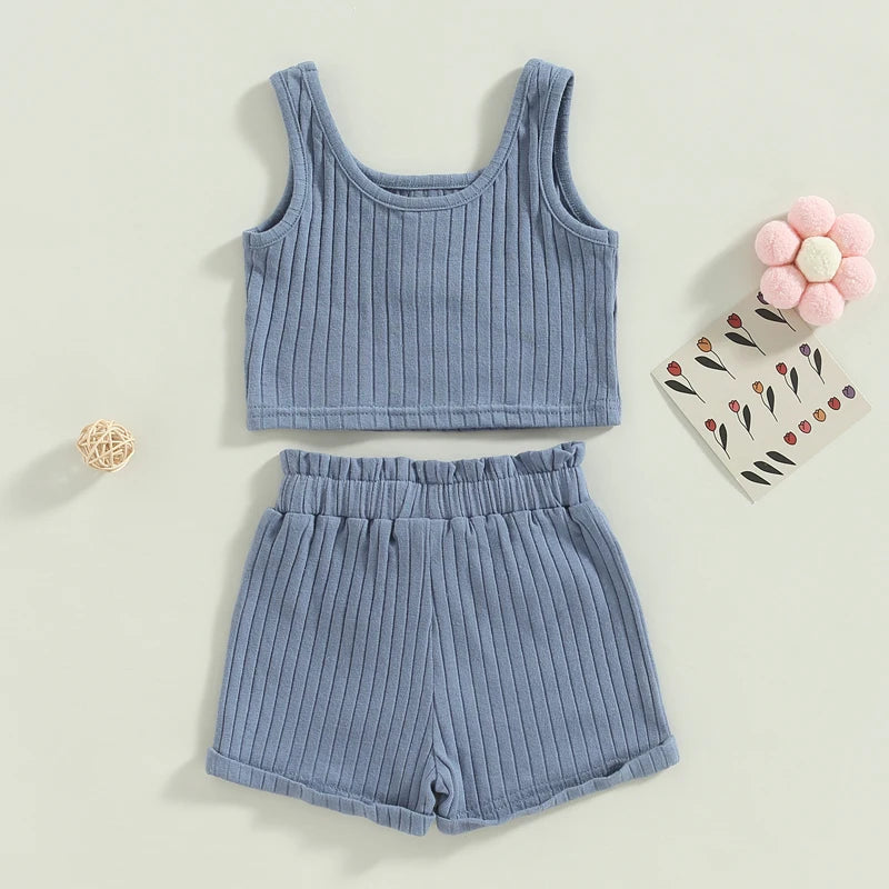 Summer Girls' Solid Color Vest and Drawstring Shorts Set