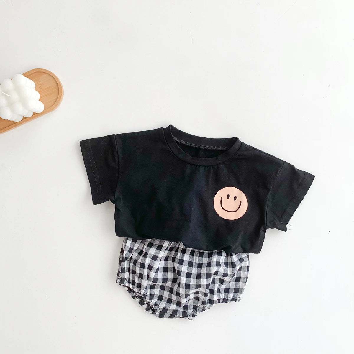 Summer Baby Smile T-Shirt and Plaid Shorts Outfit Set