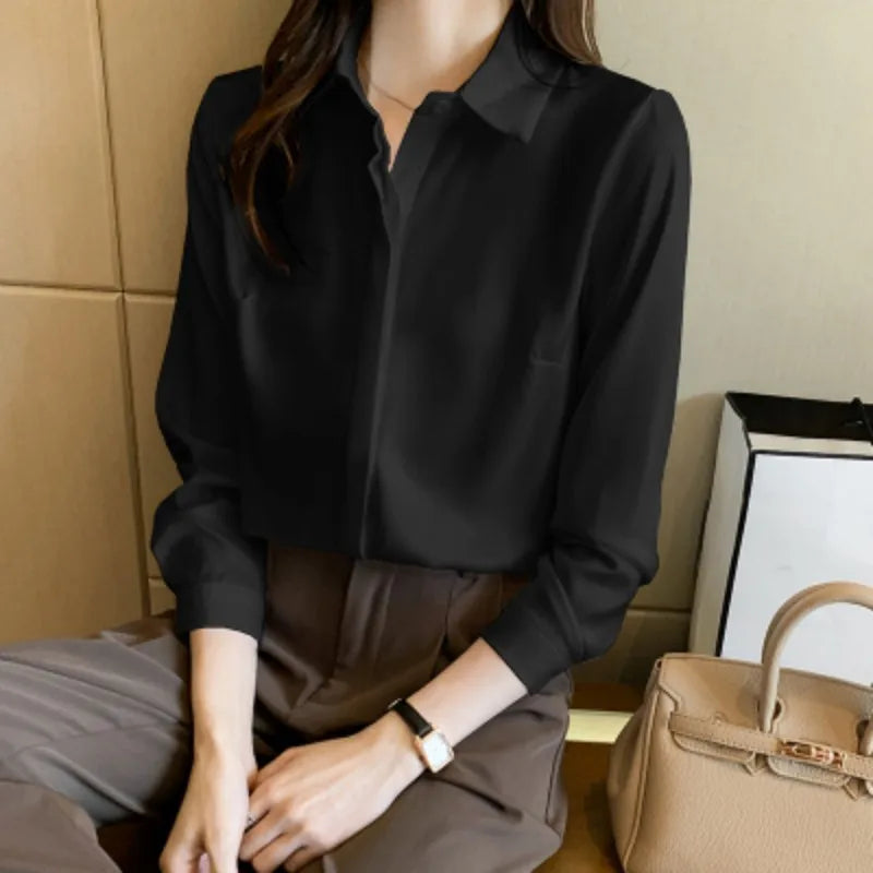 Korean Satin Long Sleeve Blouses