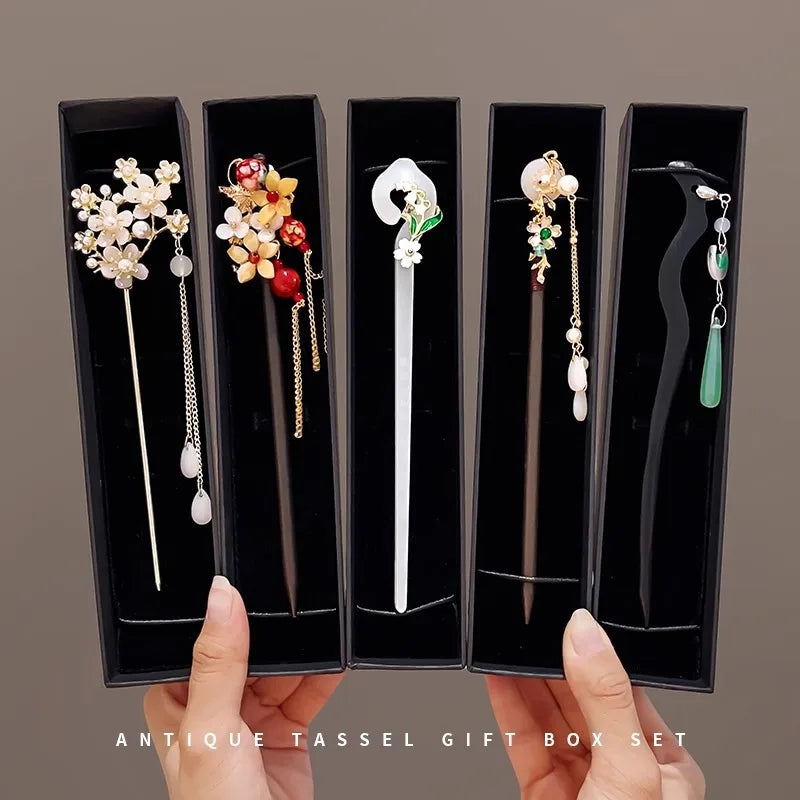 Elegant Chinese Enameled Flower Tassel Hairpin