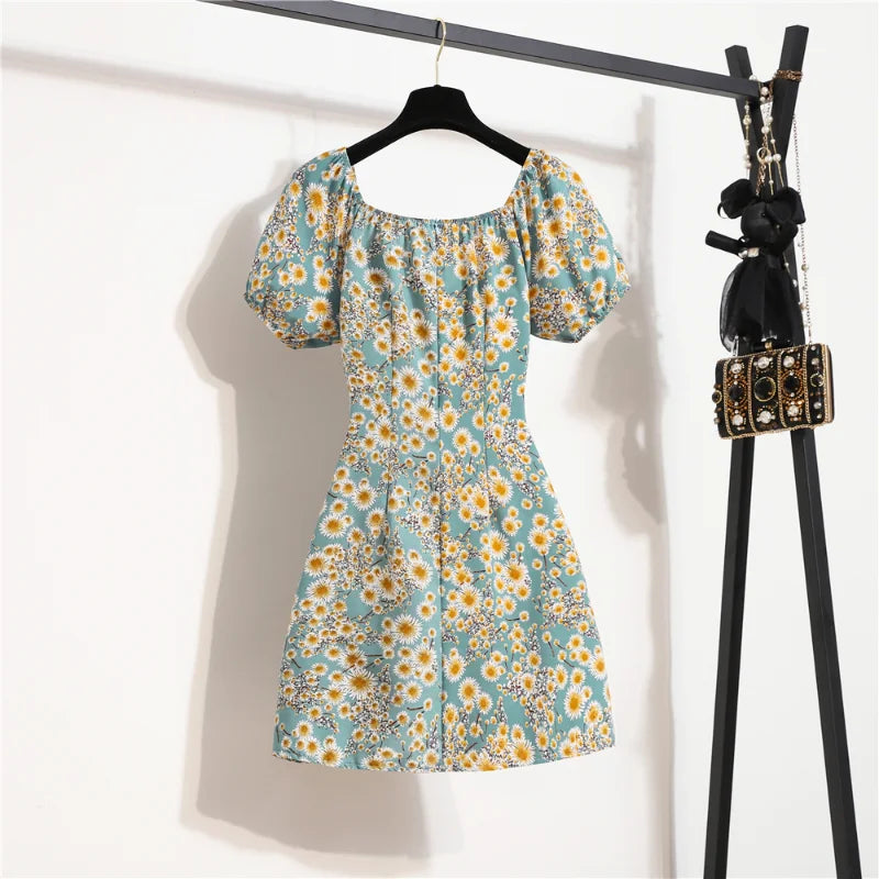 Floral Chiffon Mini Dress with Puff Sleeves