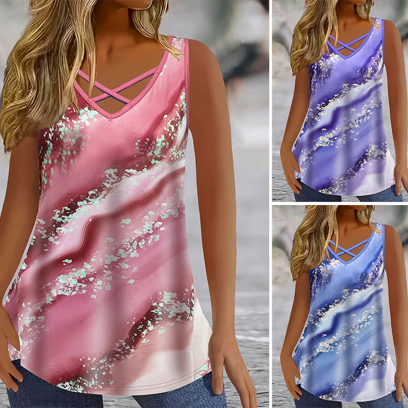 Plus Size Marble Print V-Neck Crisscross Tank Top