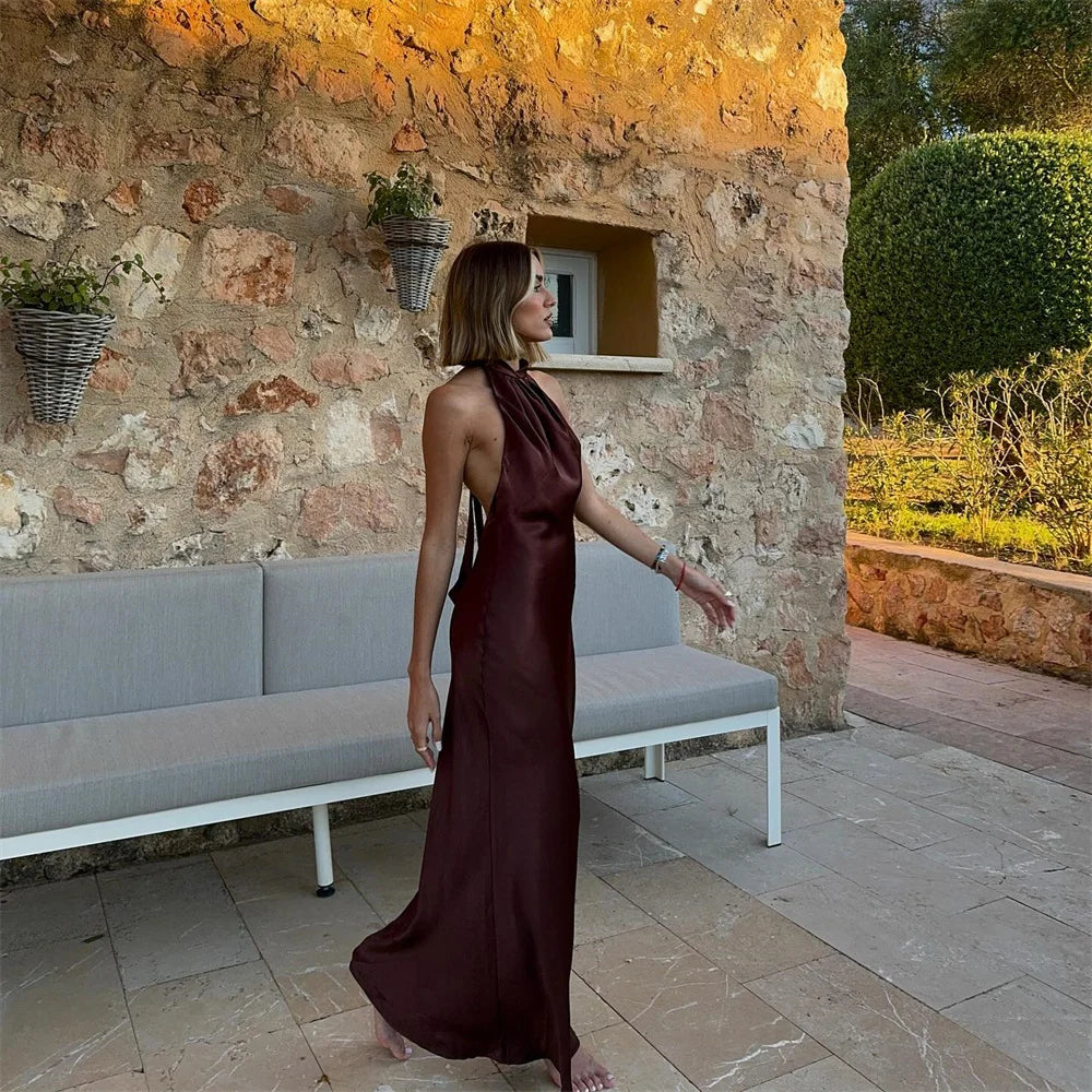 Elegant Backless Silk Satin Summer Dress