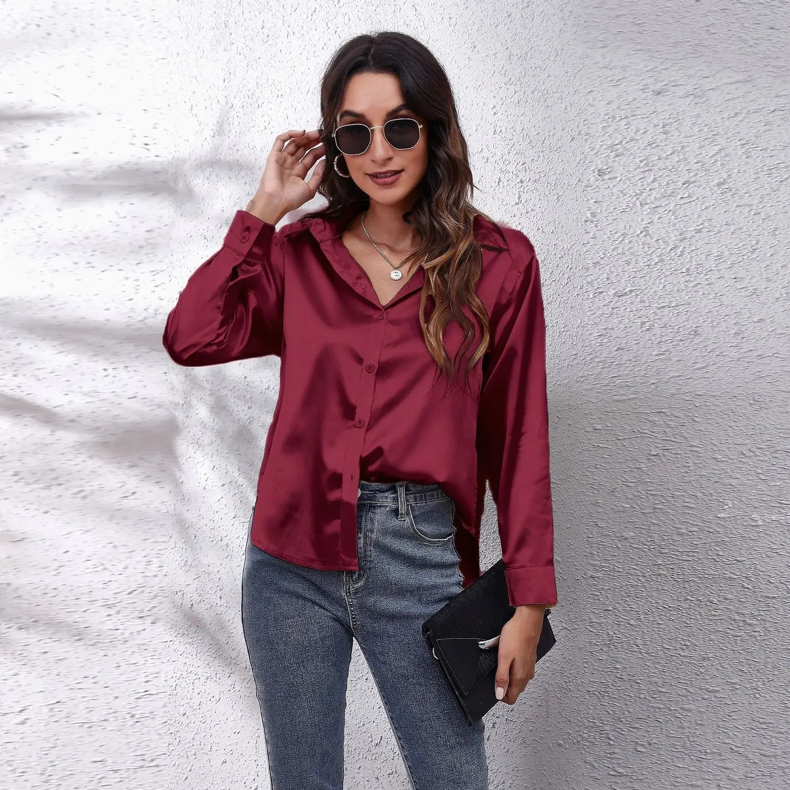 Elegant Satin Silk Long Sleeve Button-Up Shirt