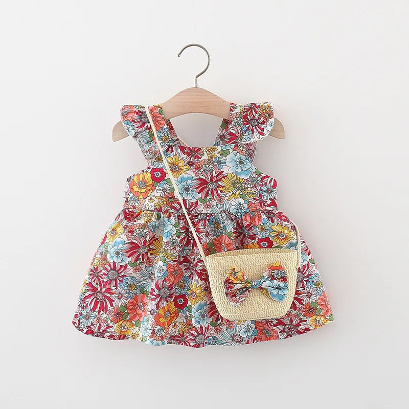 Vintage Garden Flower Baby Girl's Dress with Matching Straw Bag