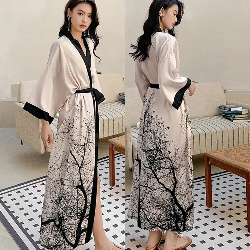 Black Print Flower Long Robe Nightgown Spring Summer Half Sleeve Kimono Bathrobe Gown Women Sexy Rayon Home Dress Loungewear