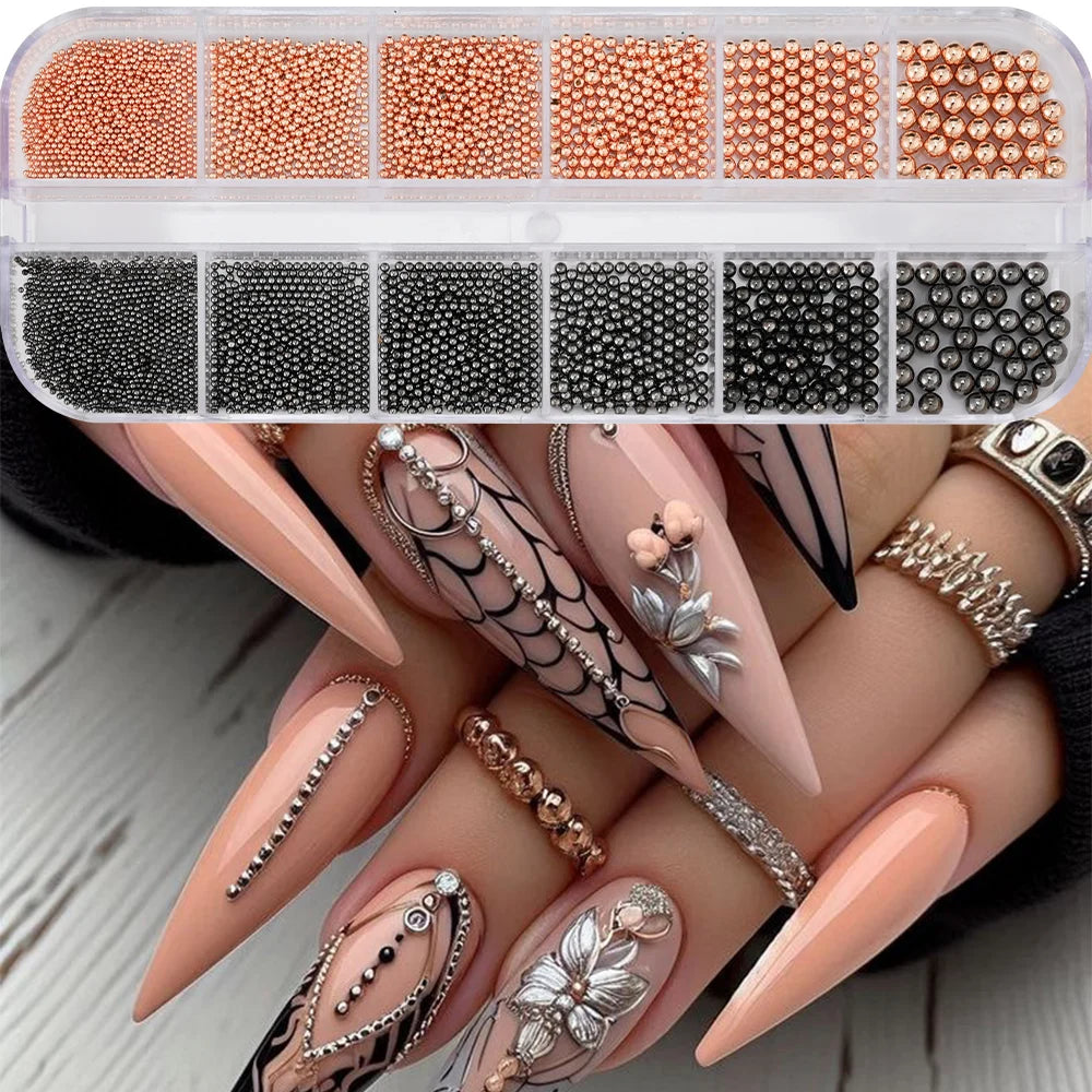 12-Grid Gold Caviar Beads Nail Charm Set