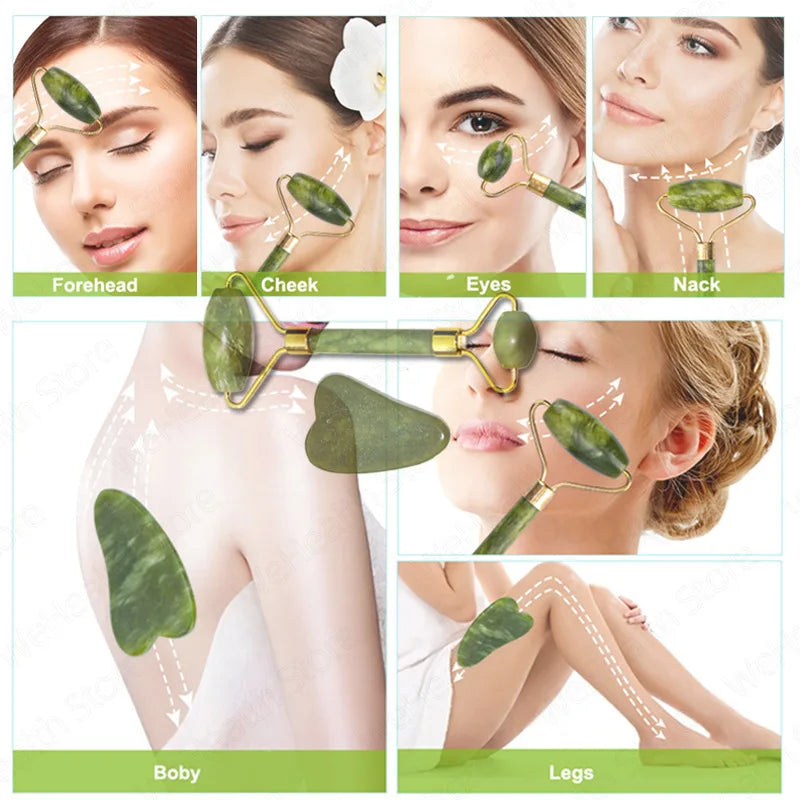 Natural Jade Facial Gua Sha and Roller Tool