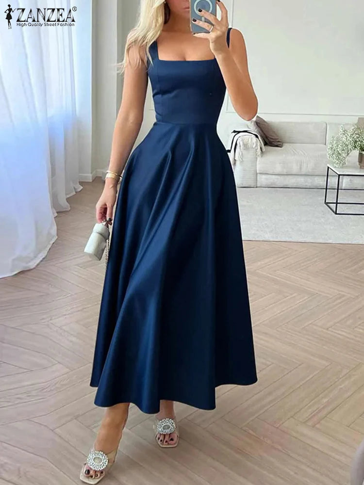 Elegant Satin Silk Square Neck Maxi Dress