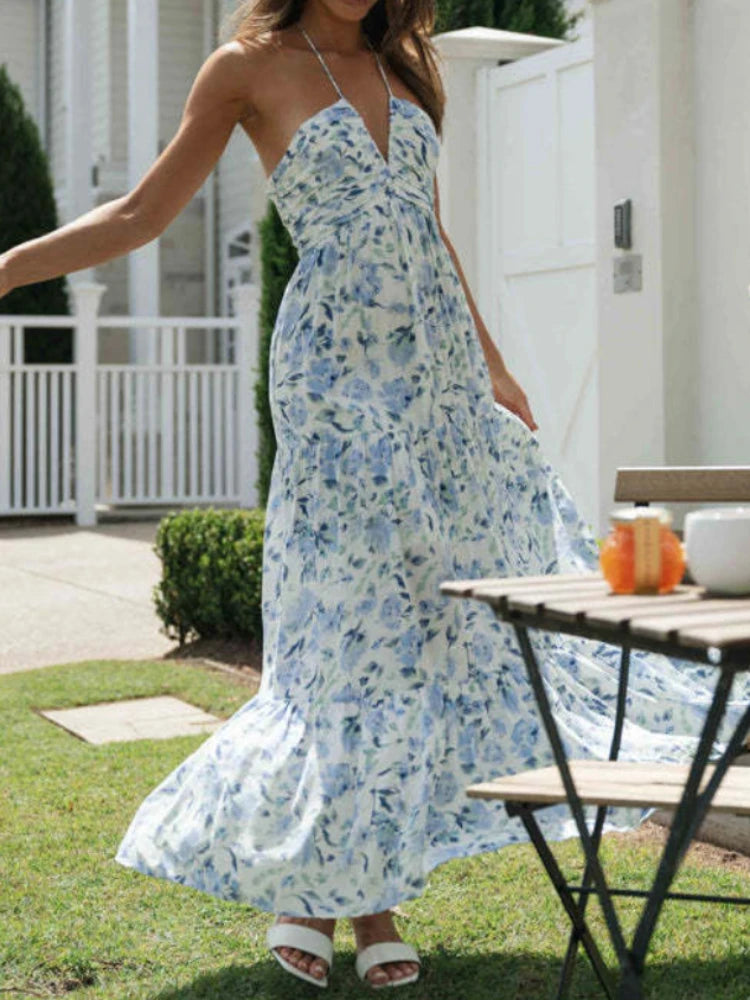 Chiffon Halter Floral Maxi Dress