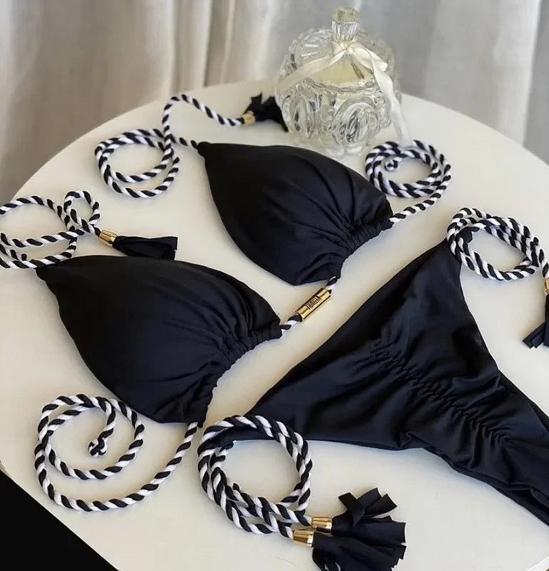 Multicolor Backless Rope Triangle Bikini Swimsuit