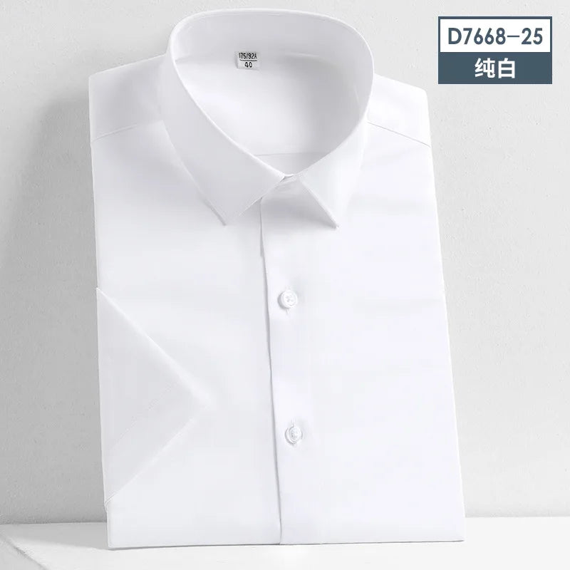 5XL Silk Smooth Formal Dress Quality Social Summer Short Sleeve Men's Shirt Business Slim Fit Casual Pure White Non iron