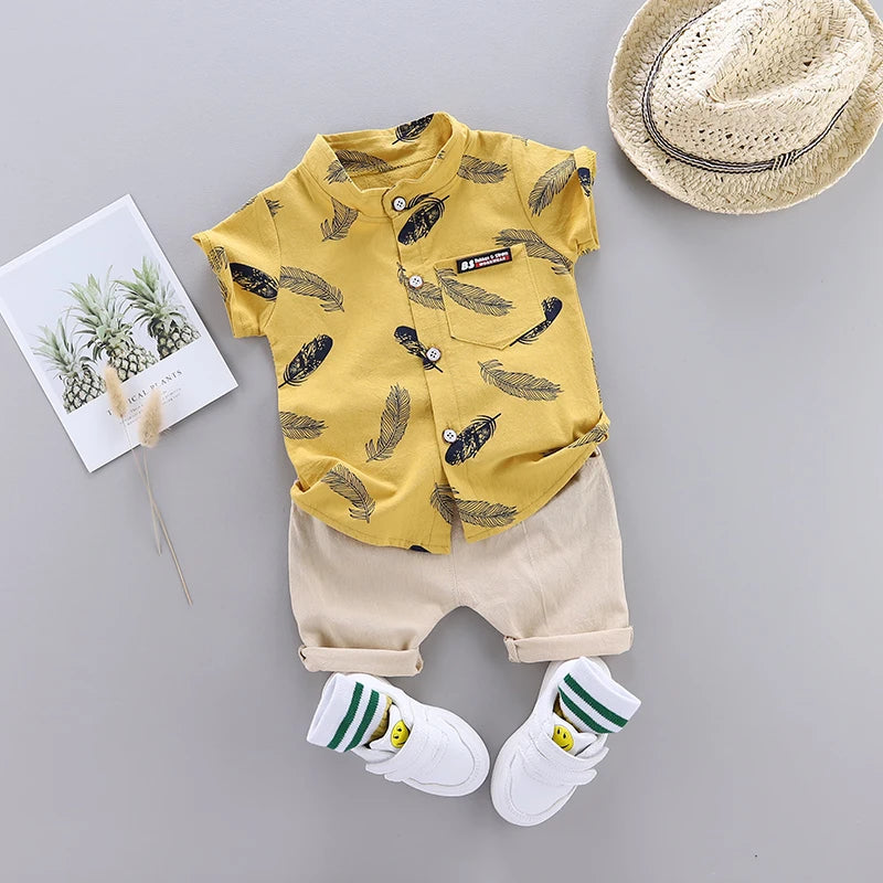 Summer Baby Feather Print Shirt and Shorts Set