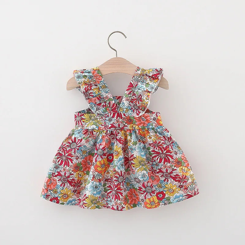 Vintage Garden Flower Baby Girl's Dress with Matching Straw Bag