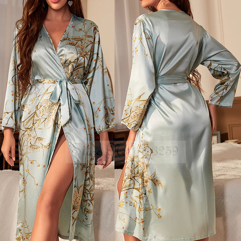 Black Floral Print Satin Long Robe