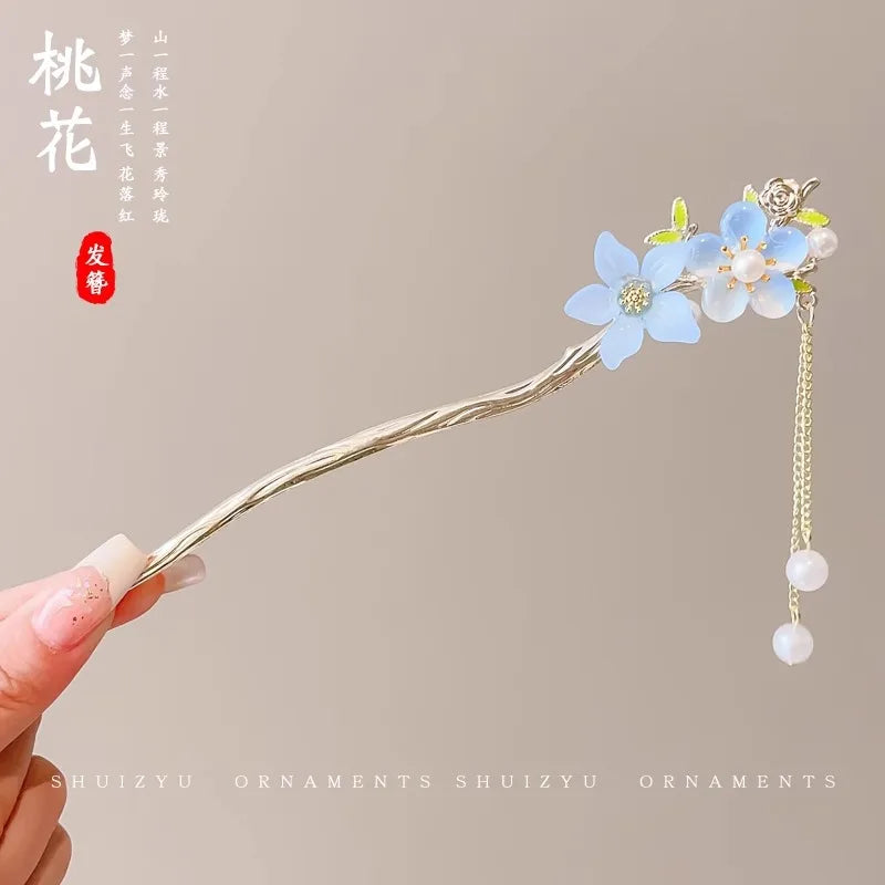 Elegant Chinese Enameled Flower Tassel Hairpin