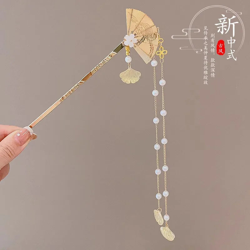 Elegant Chinese Enameled Flower Tassel Hairpin