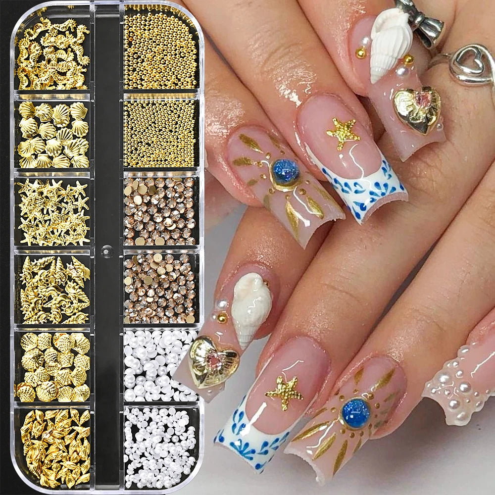Ocean-Themed Gold Nail Charms Set