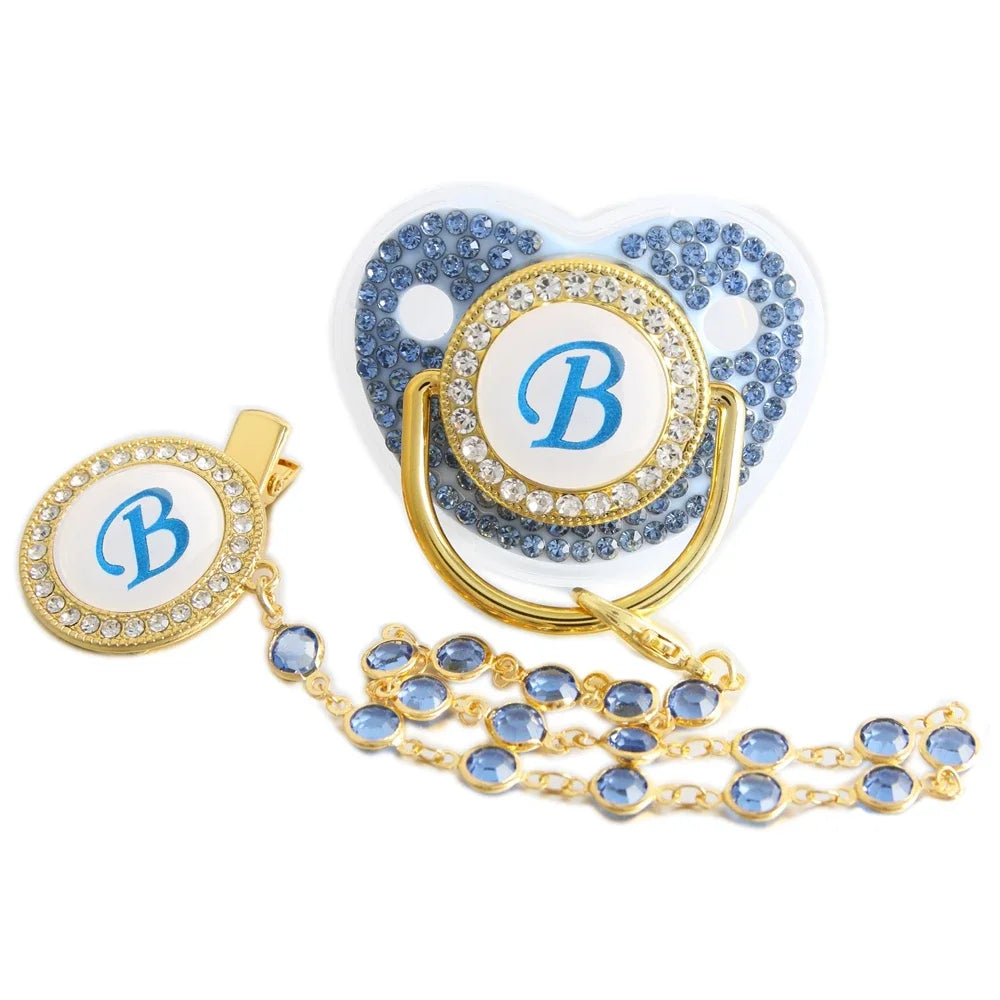 Blue Letter Pacifier with Beaded Gem Clip