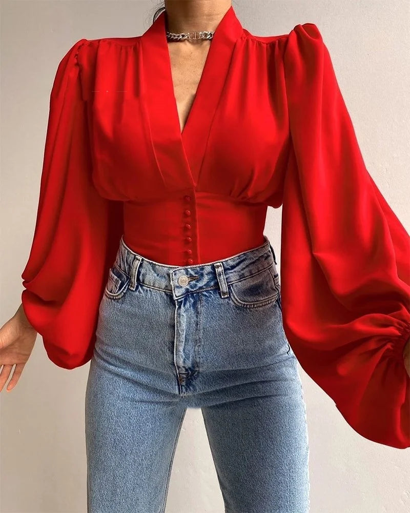 Red Satin Lantern Sleeve Blouse