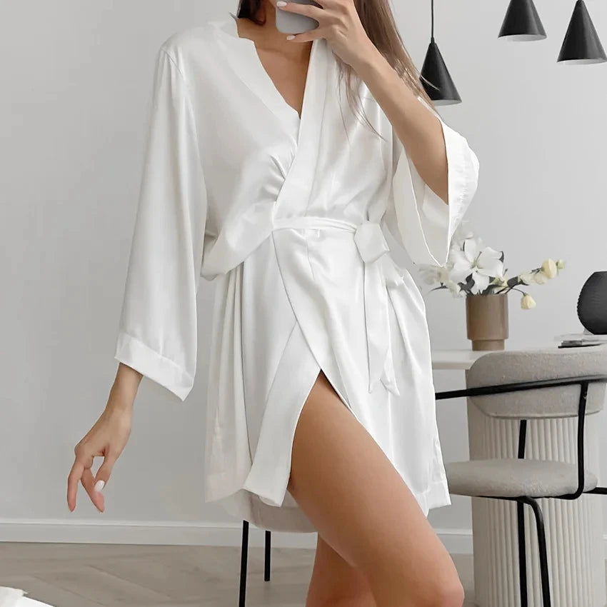White Bridal Silk Satin Kimono Robe
