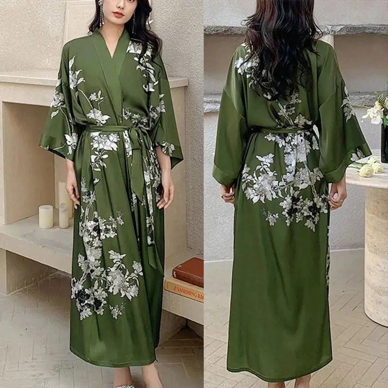 Black Print Flower Long Robe Nightgown Spring Summer Half Sleeve Kimono Bathrobe Gown Women Sexy Rayon Home Dress Loungewear
