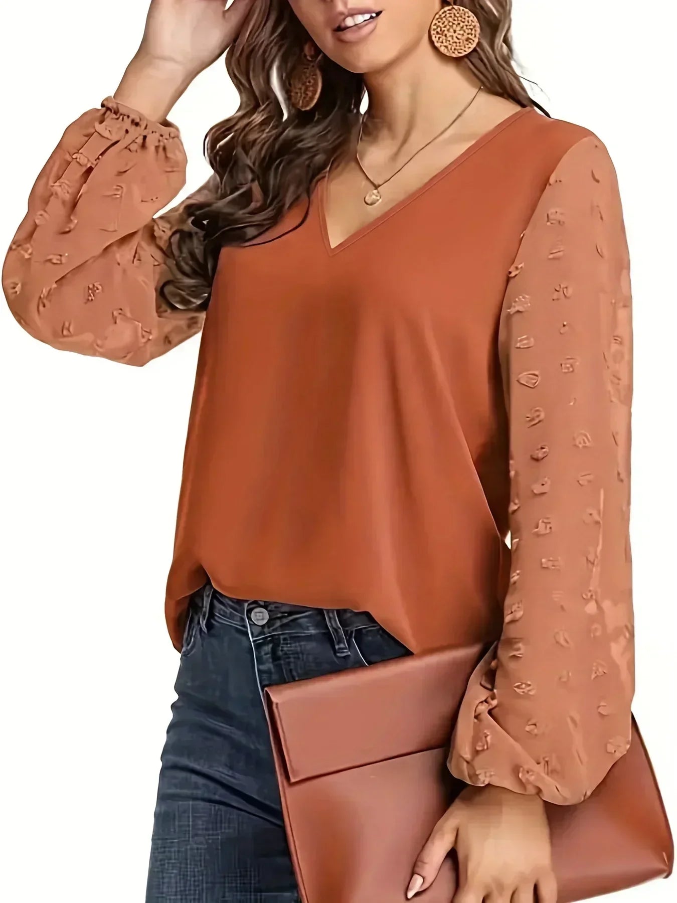 Plus Size V-Neck Swiss Dot Sleeve Shirt