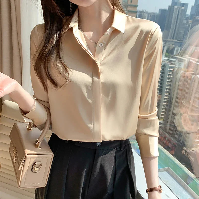 Korean Satin Long Sleeve Blouses