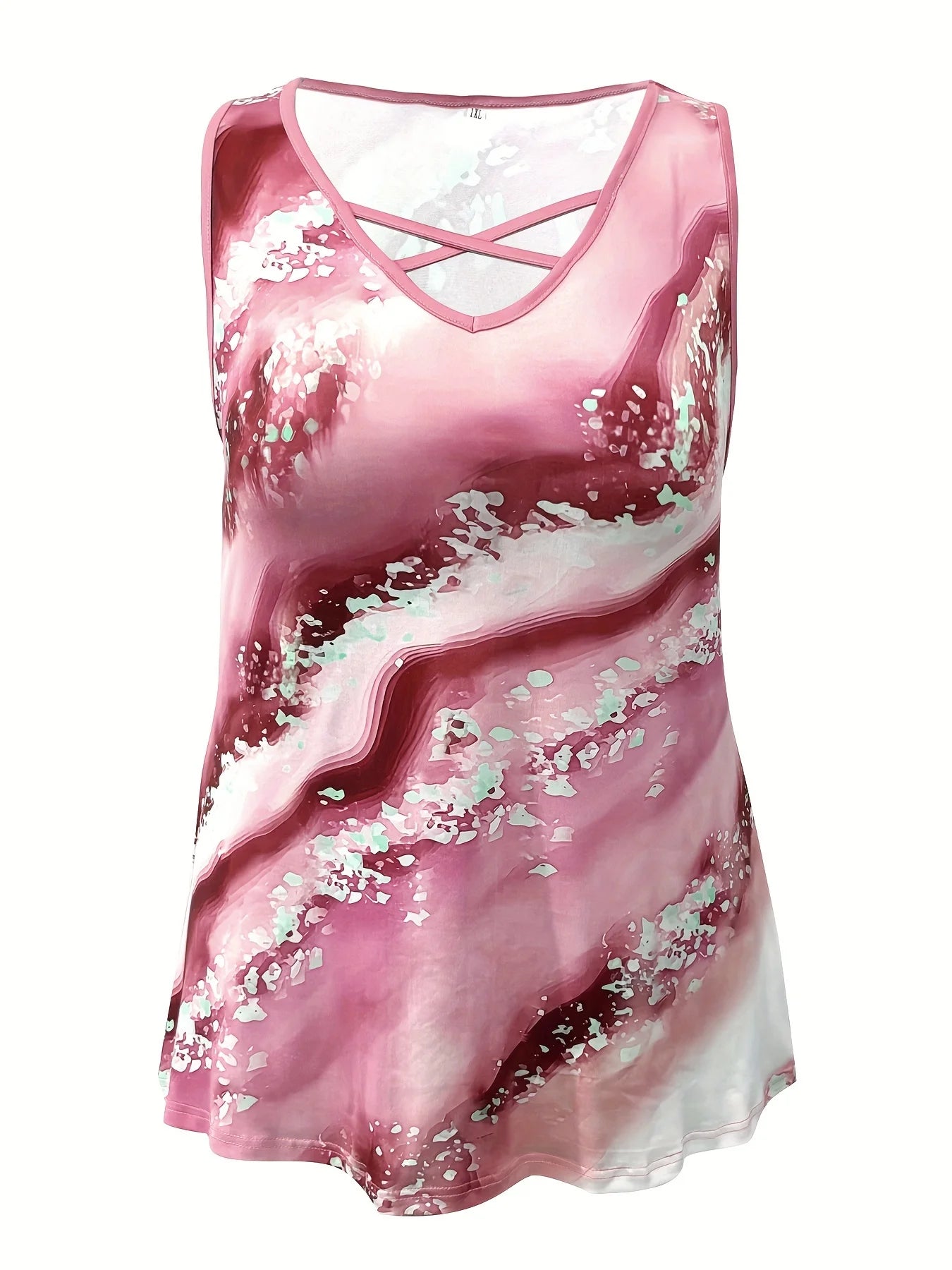 Plus Size Marble Print V-Neck Crisscross Tank Top